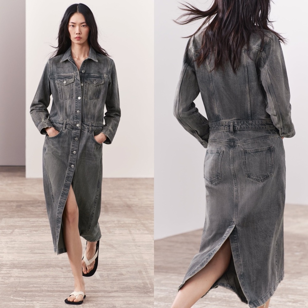 Zara DENIM JEAN SHIRT BUTTON DOWN LONG SLEEVE MIDI DRESS – ZW COLLECTION XS NEW